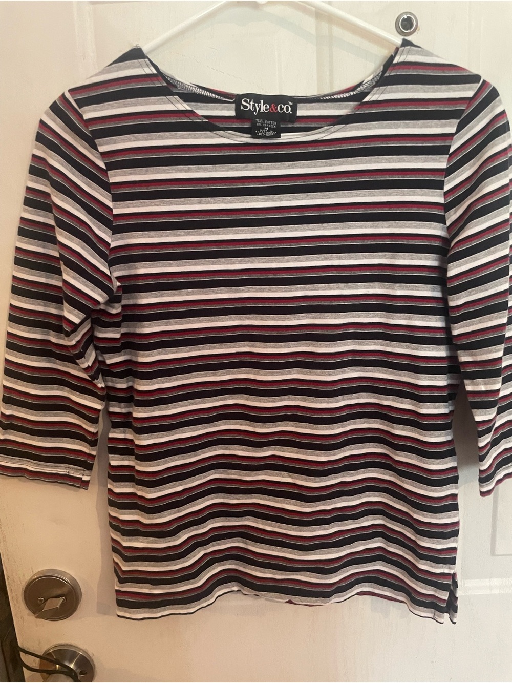 Style & Co. Striped Crewneck Top in Black, White & Burgundy